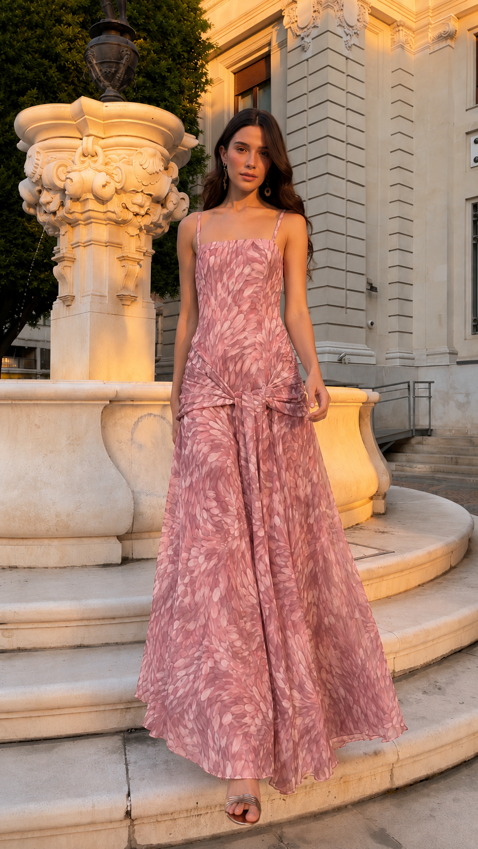 Front view of blush pink printed square neck spaghetti strap maxi dress