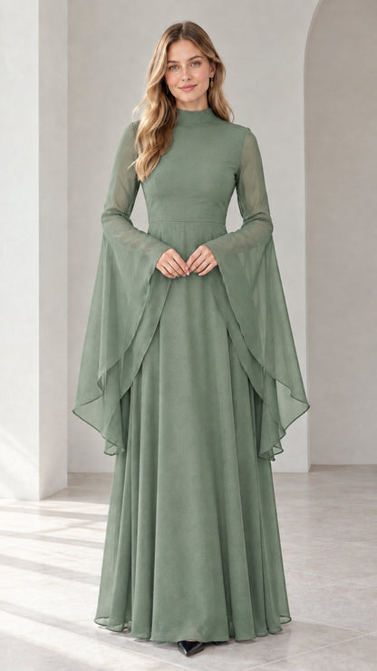 Full-length view of sage green long sleeve chiffon maxi dress with bell cuffs