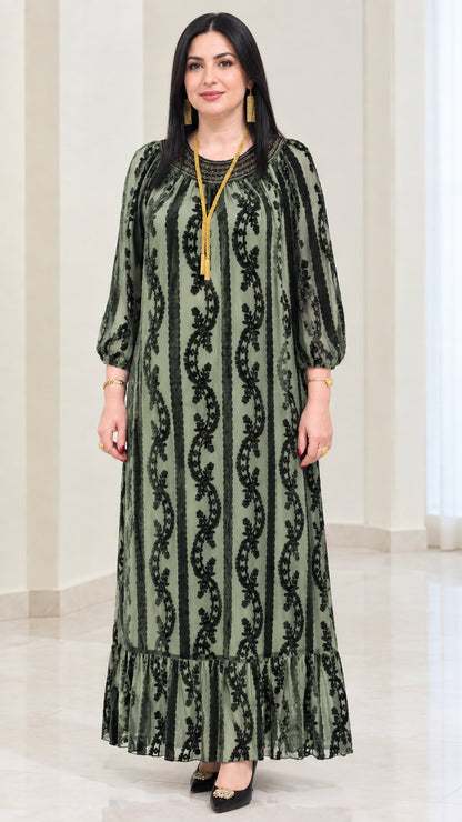 Sage green burnout velvet long sleeve modest maxi dress