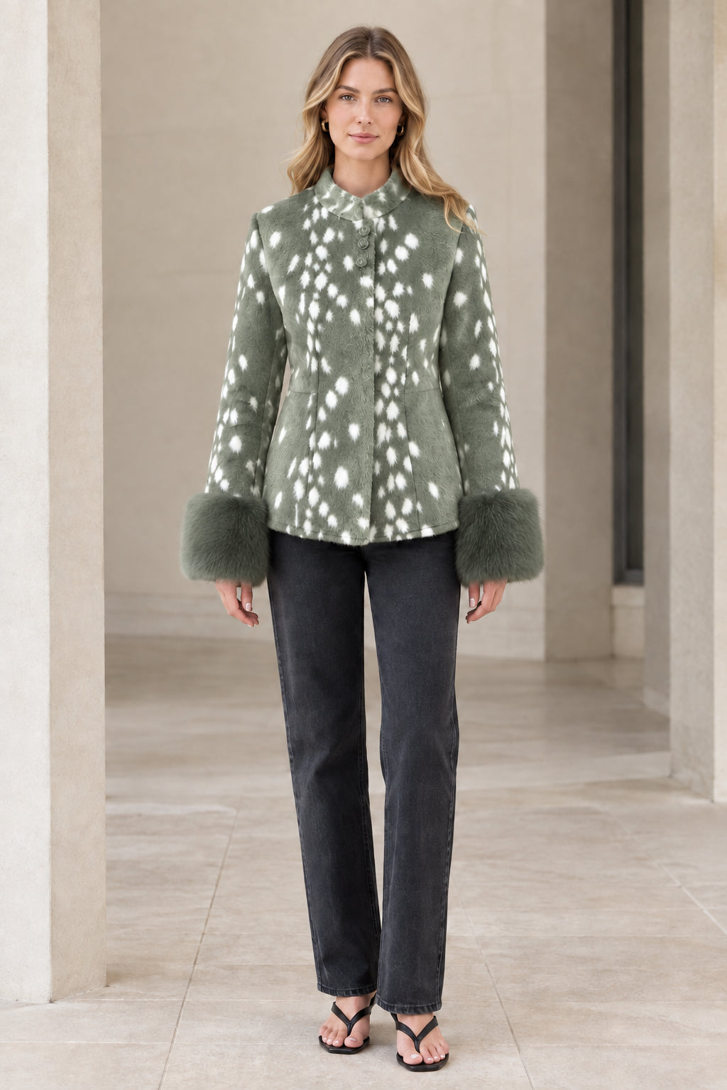 Front view of model wearing sage green spotted faux fur jacket with plush cuffs