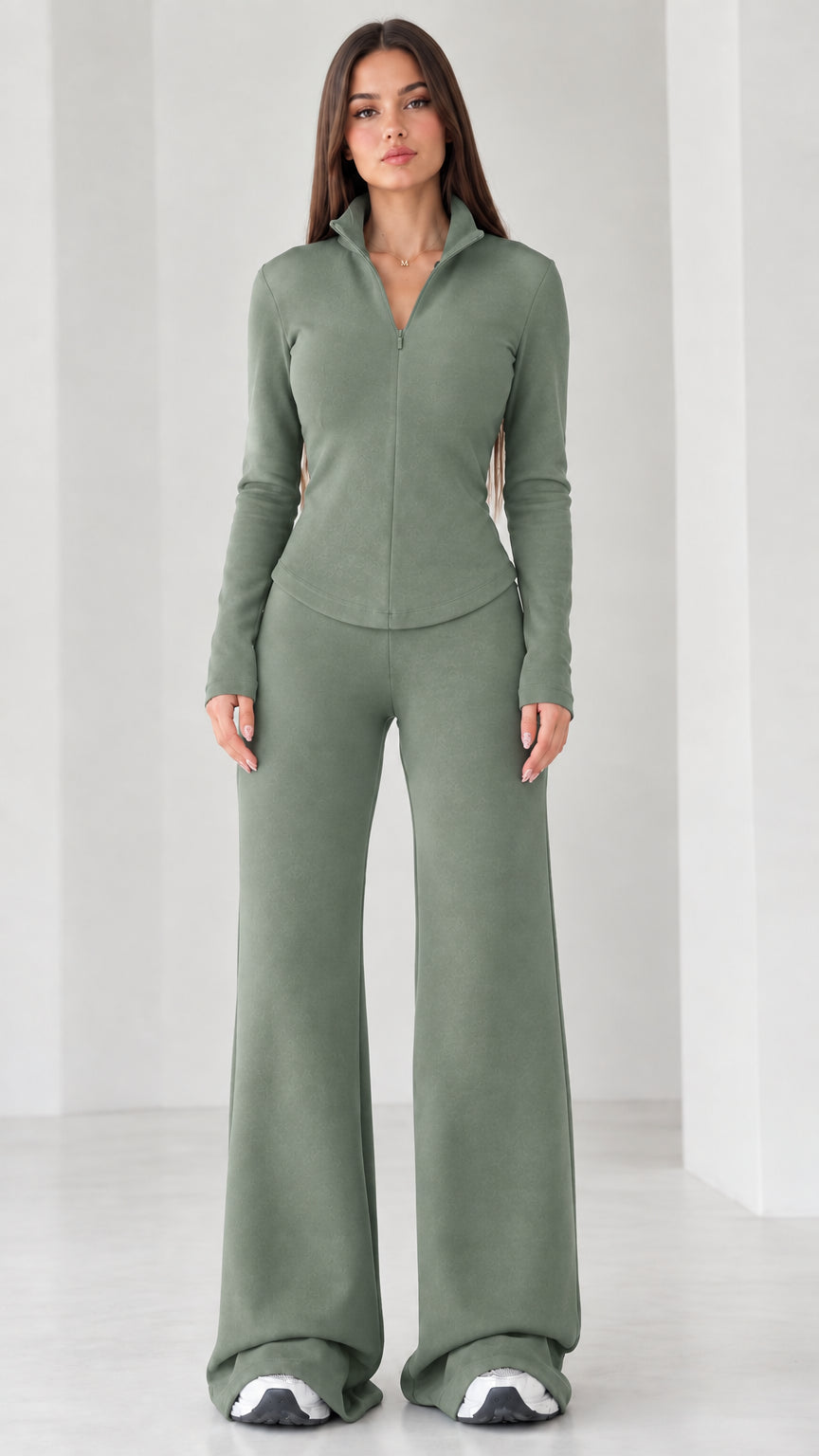 Women's sage green half-zip long sleeve top and flare pants set