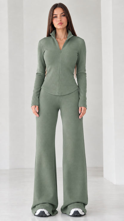 Women's sage green half-zip long sleeve top and flare pants set