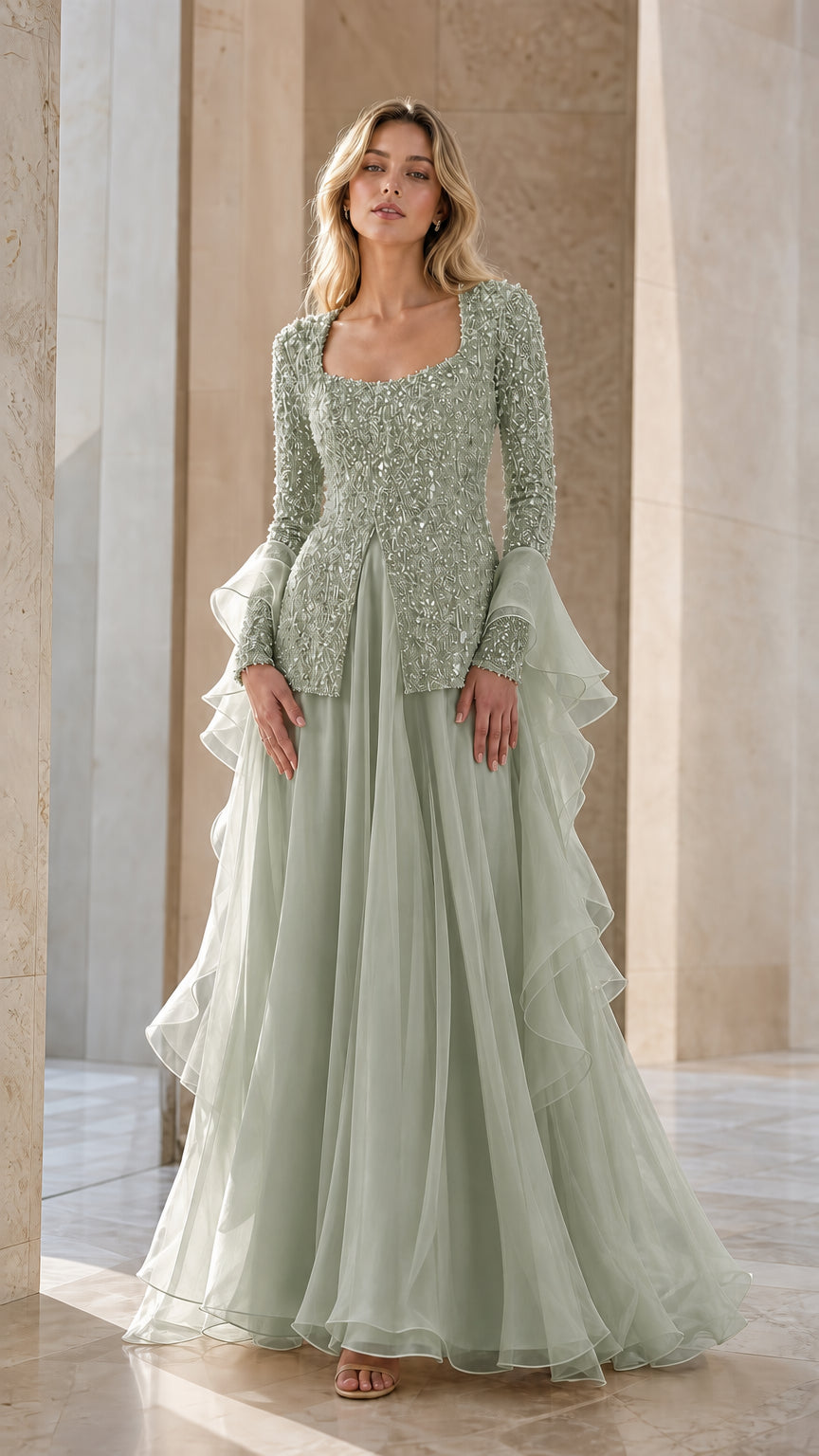 Sage Green beaded long sleeve evening gown with lace-up back detail