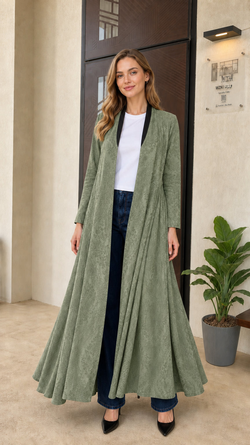 Front full-length view of sage green textured longline maxi swing duster coat