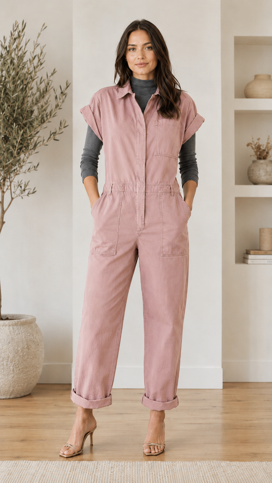 Front view of blush pink utility jumpsuit with cuffed hem and elastic waist
