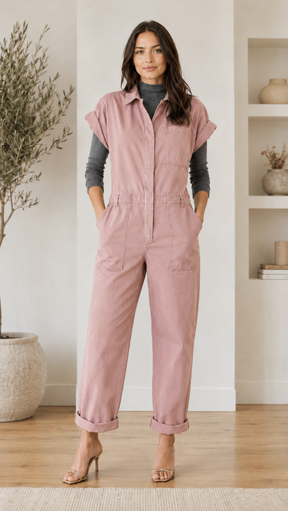 Front view of blush pink utility jumpsuit with cuffed hem and elastic waist