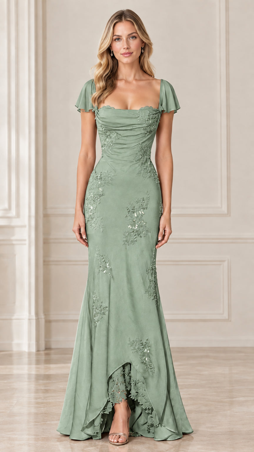 Sage Green flutter sleeve embroidered lace evening dress