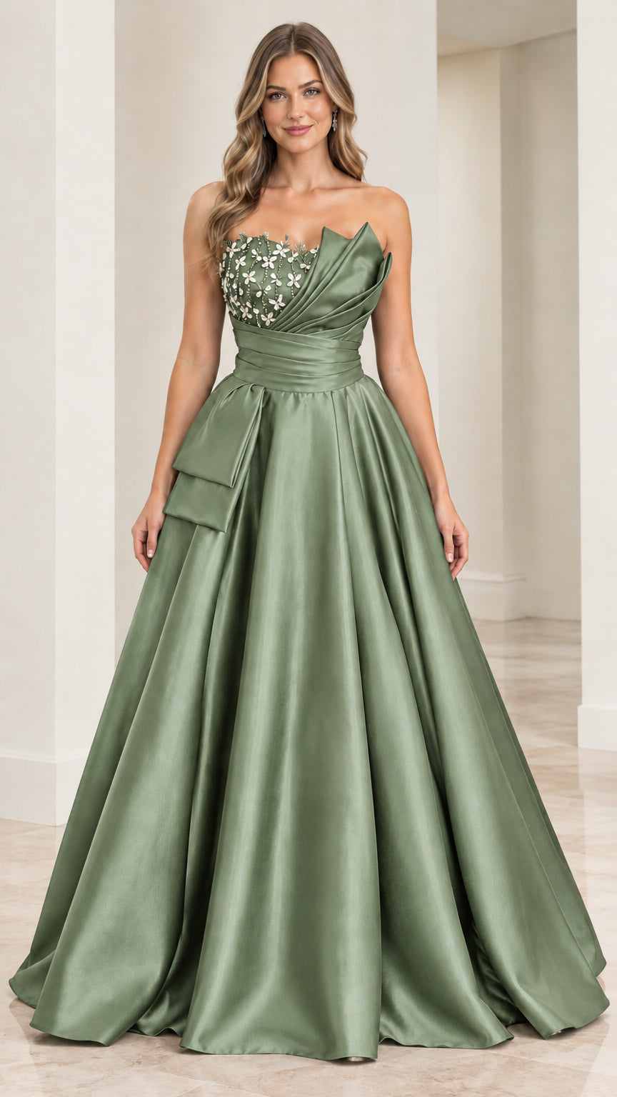 Front view of sage green strapless beaded satin formal gown