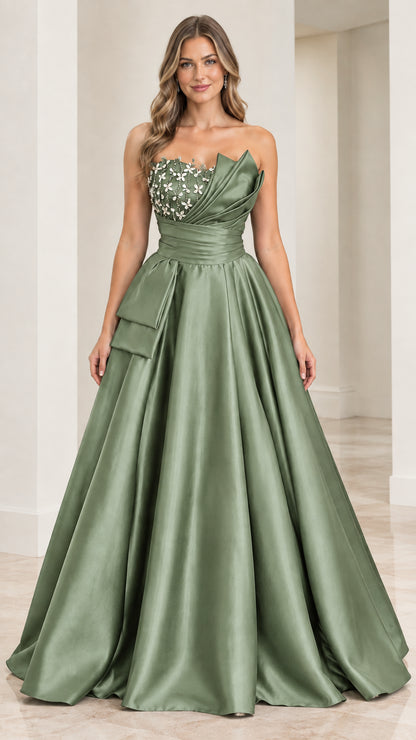 Front view of sage green strapless beaded satin formal gown