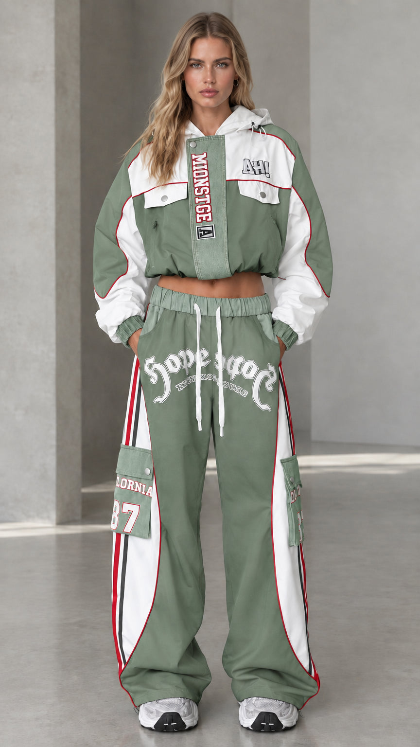 Sage green women's two-piece cropped windbreaker and cargo track pants set