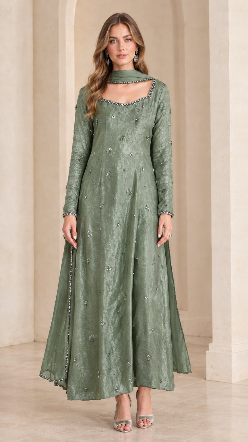 Sage green beaded long sleeve flared evening maxi dress with matching scarf
