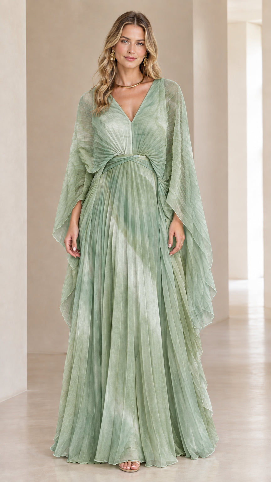 Front view of model wearing sage green pleated cape sleeve evening gown