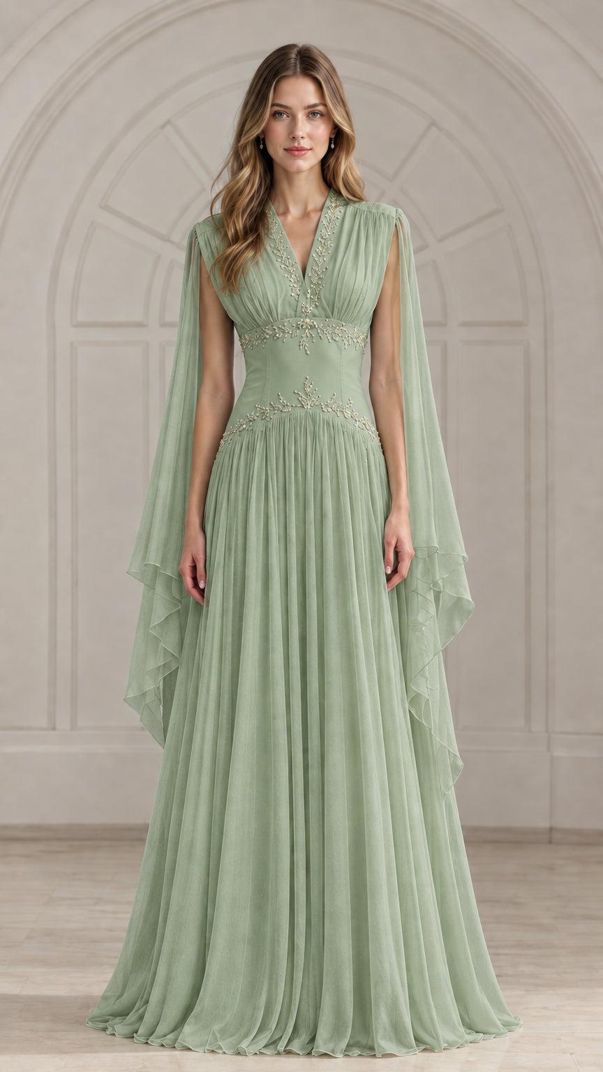 Front view of sage green beaded V-neck cape sleeve pleated chiffon gown