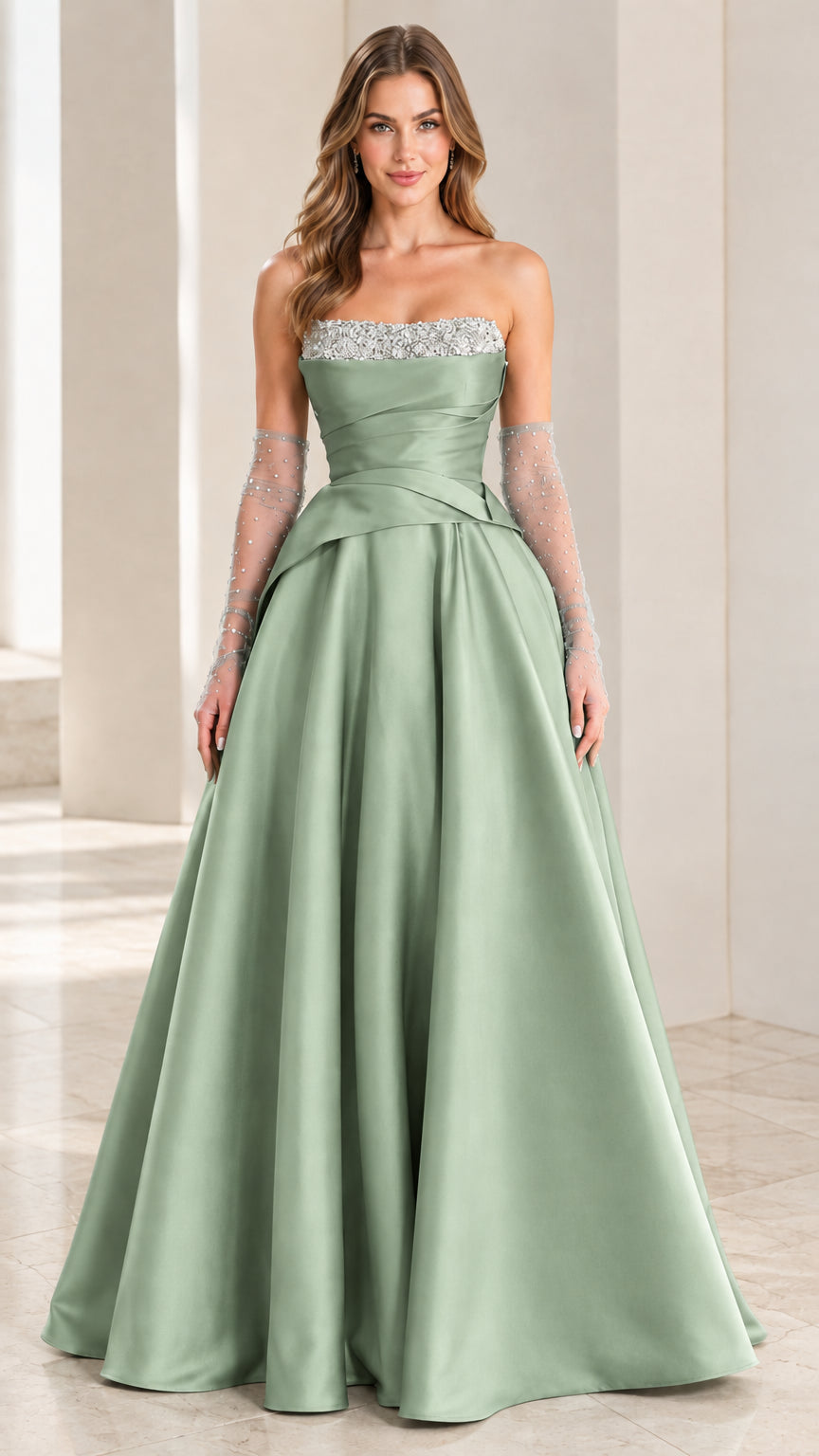 Sage green strapless satin ball gown with sparkling crystal trim
