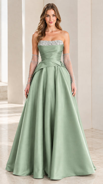 Sage green strapless satin ball gown with sparkling crystal trim