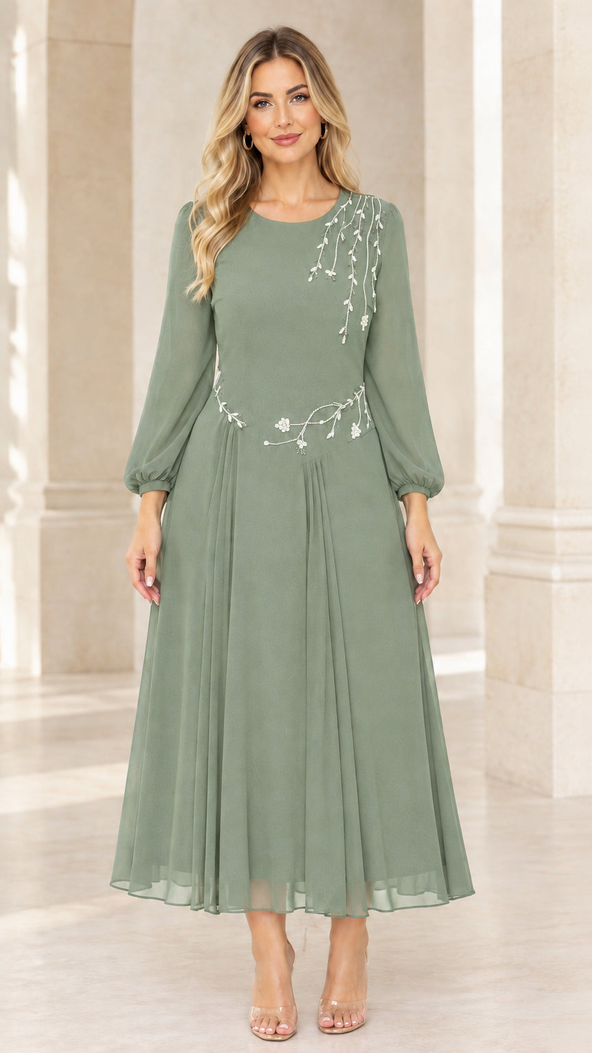 Sage green long sleeve A-line chiffon formal dress with crystal embellishment