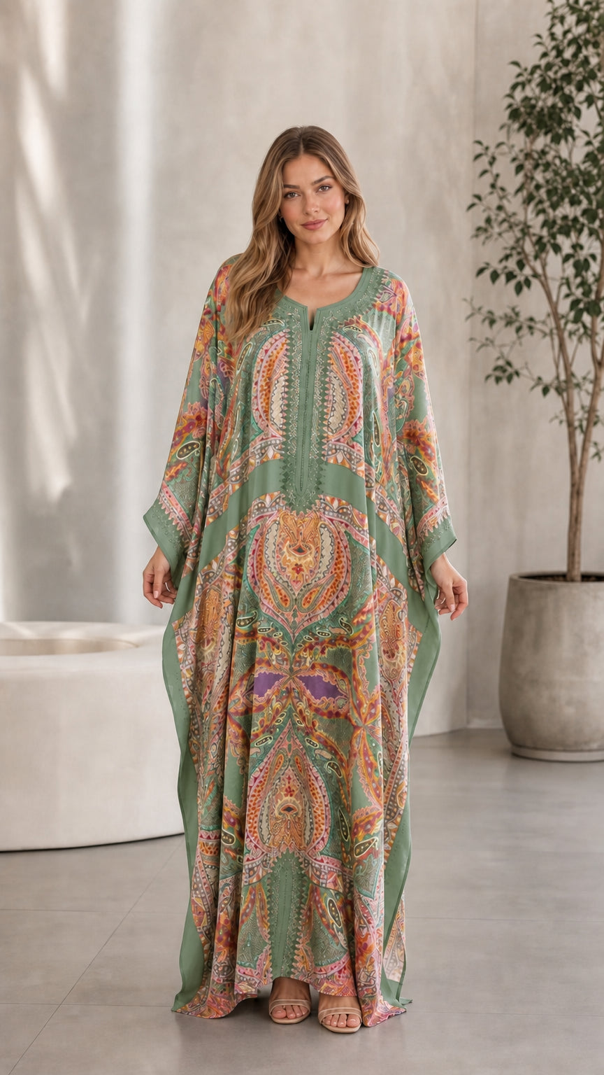 Front view of model wearing Sage Green bohemian print kaftan dress
