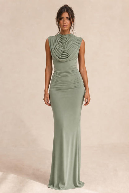 Front view of sage draped sleeveless maxi dress