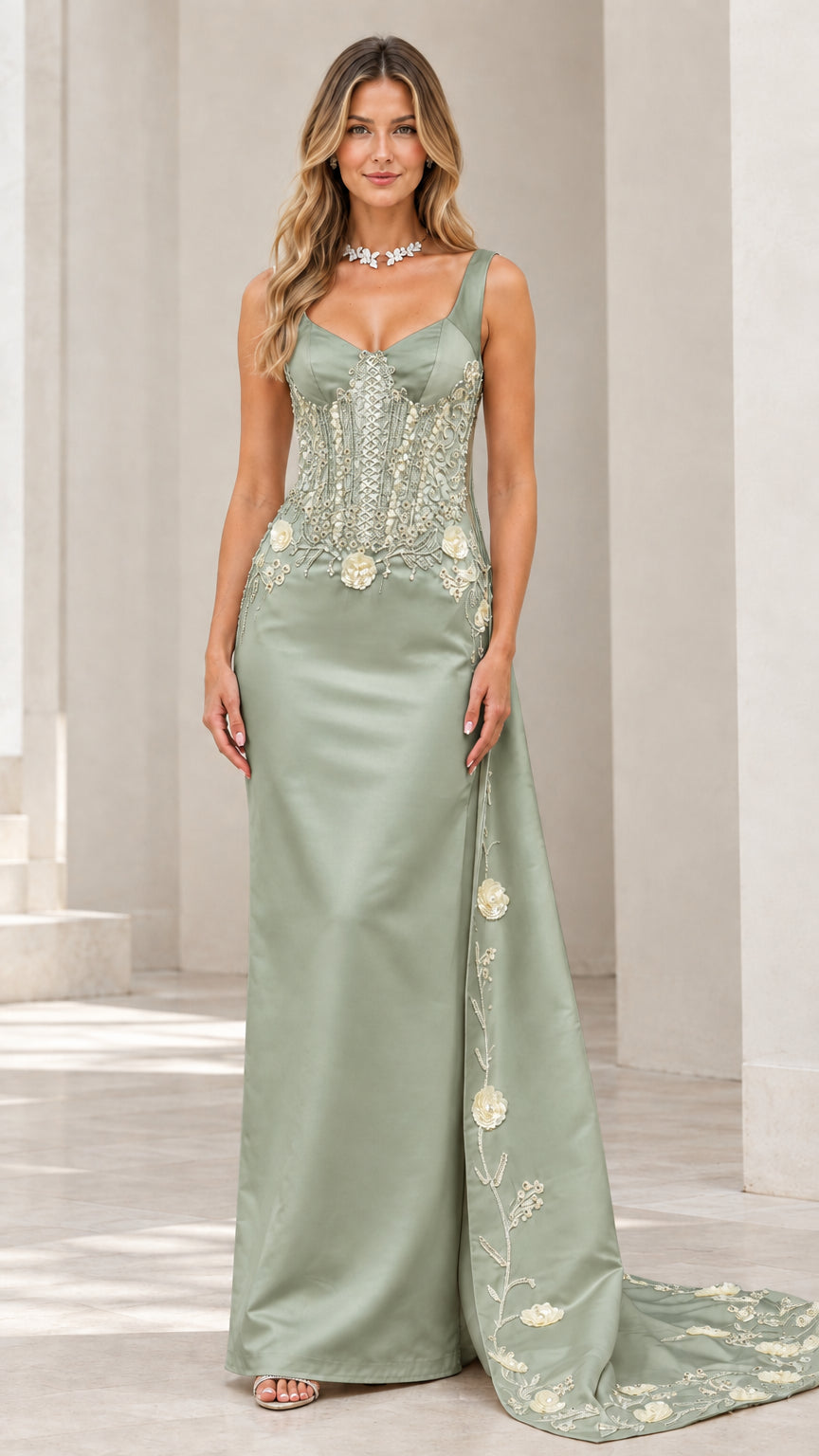 Full front view of sage green satin corset maxi evening gown with side train