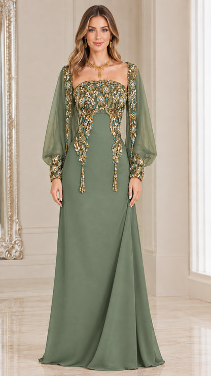 Sage green embroidered evening dress with sheer long sleeves
