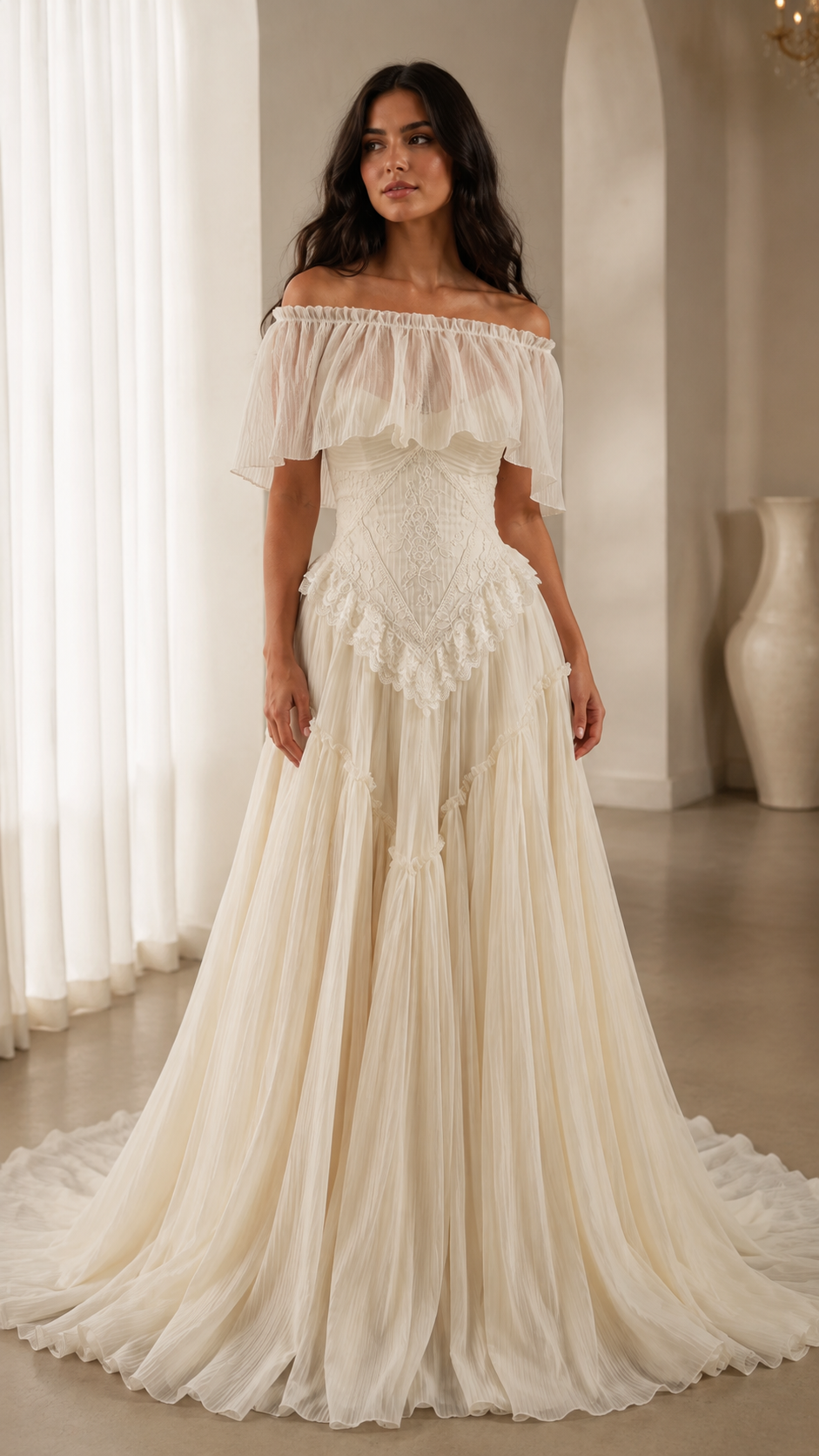 Ivory off-shoulder maxi gown front view with ruffled bodice and floor-length pleated skirt