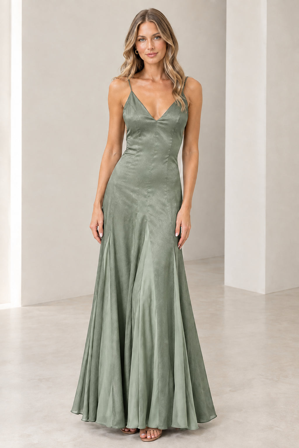 Front view of model wearing Sage Green satin V-neck maxi dress