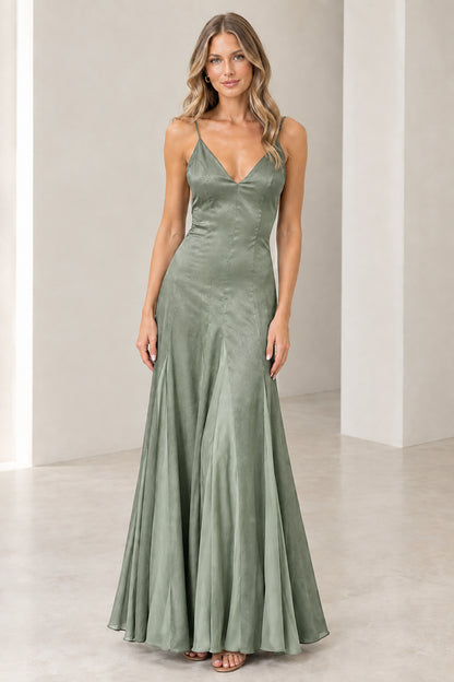 Front view of model wearing Sage Green satin V-neck maxi dress