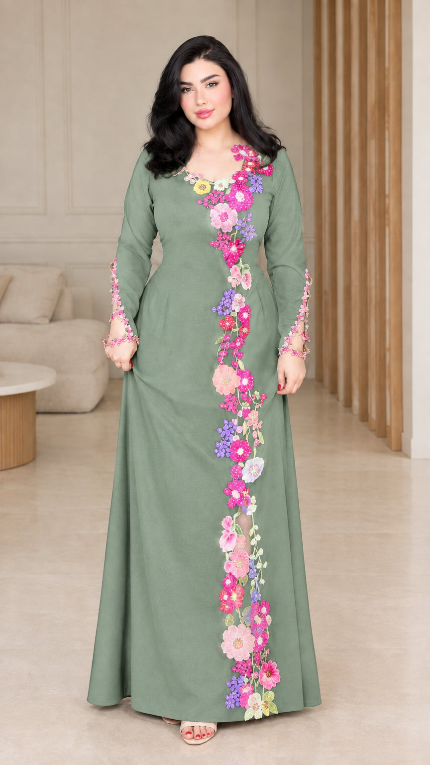 Front view of sage green floral embroidered long sleeve maxi dress