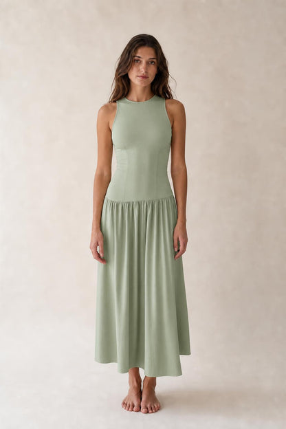 Front view of woman wearing Sage Green sleeveless midi dress