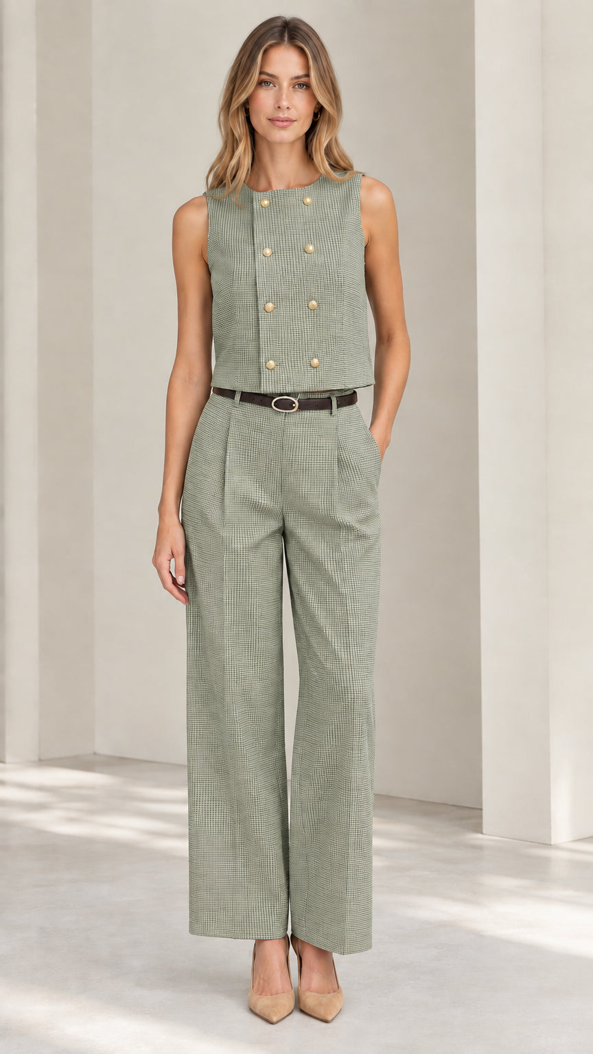Women's sleeveless waistcoat and wide leg pants set in sage green