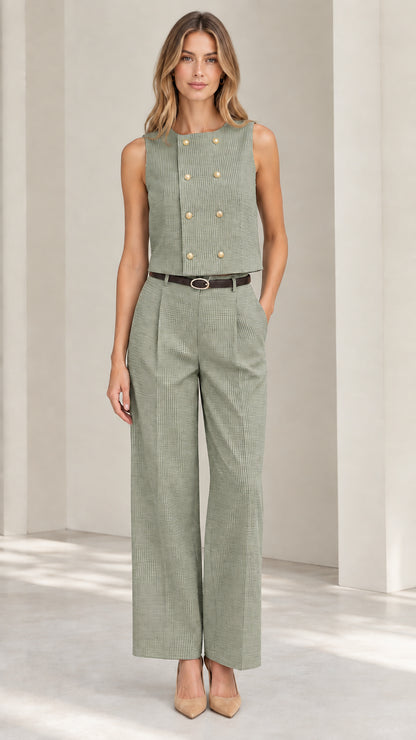 Women's sleeveless waistcoat and wide leg pants set in sage green