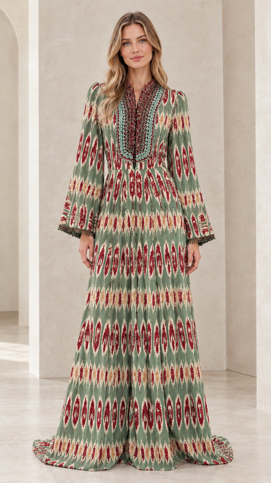 Full front view of sage green ikat pattern long sleeve maxi dress