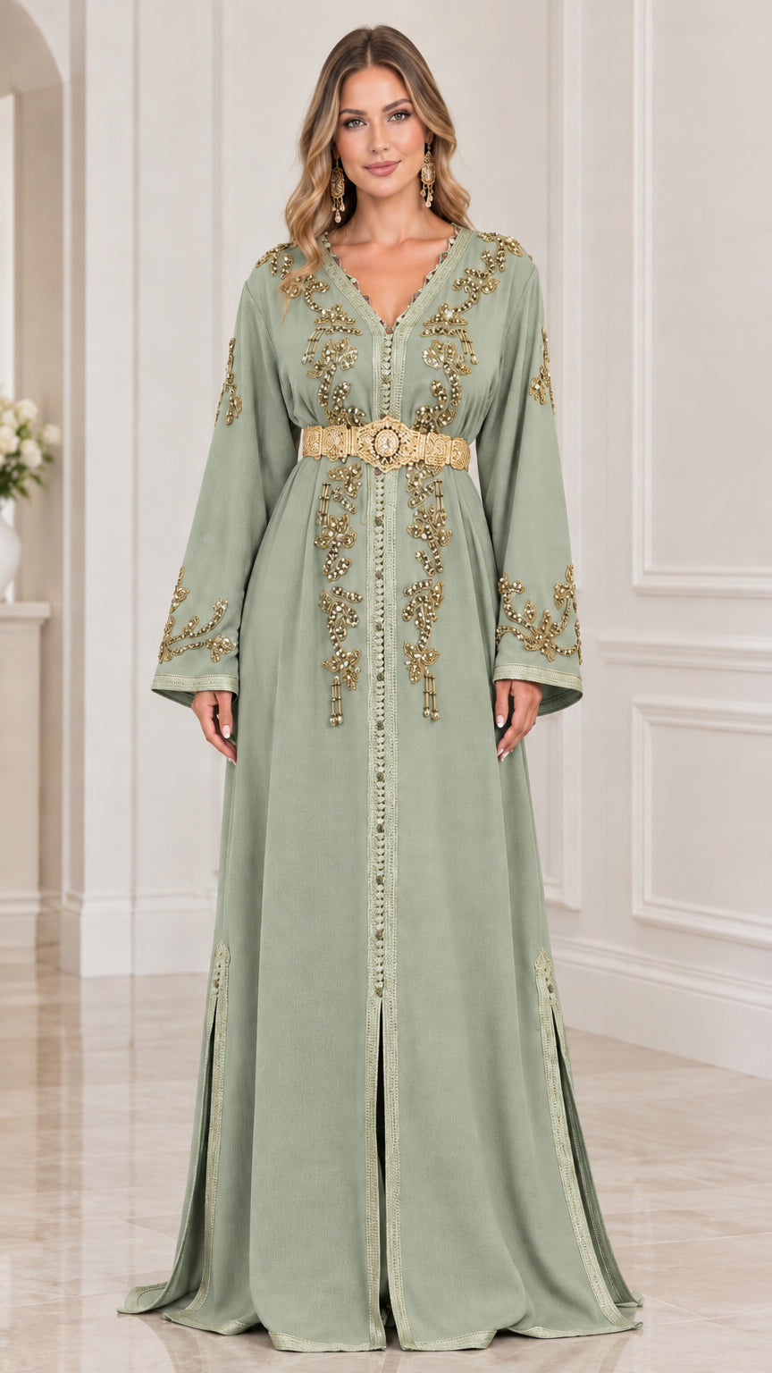 Front view of model wearing Sage Green embroidered kaftan dress with waist belt