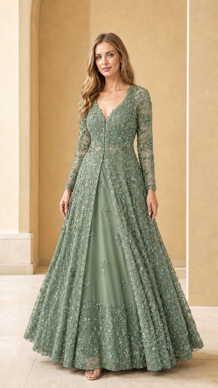 Sage green beaded floor-length evening gown with long sleeves