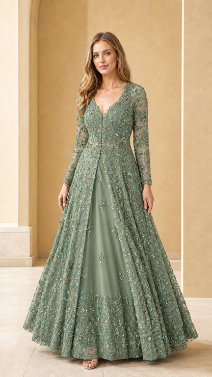 Sage green beaded floor-length evening gown with long sleeves