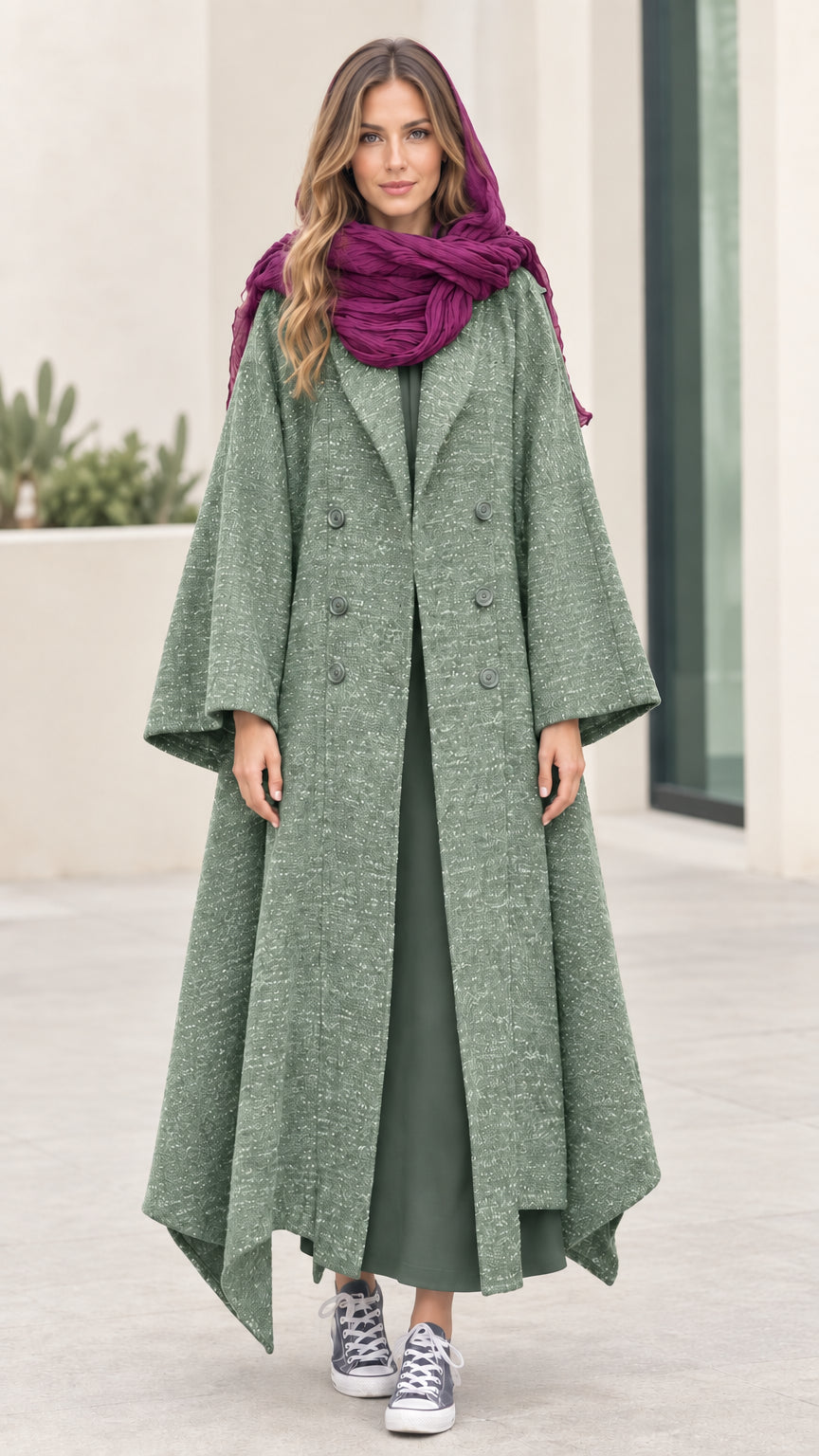 Full-length front view of Sage Green textured swing overcoat