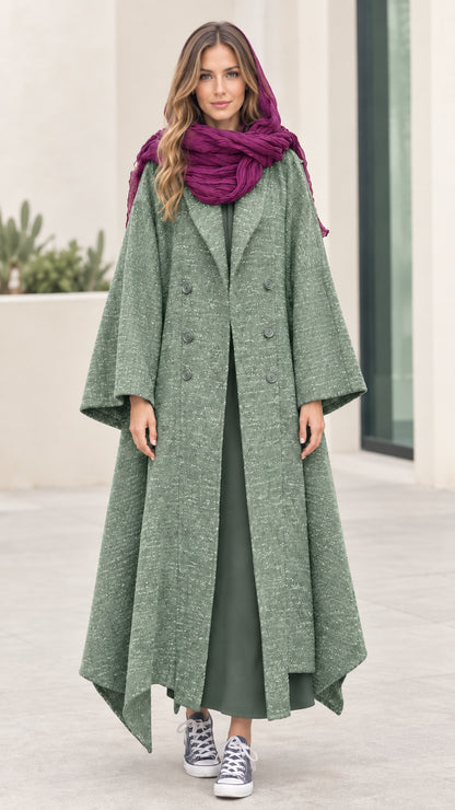 Full-length front view of Sage Green textured swing overcoat