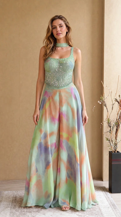 Model wearing Mint Multi tie-dye embellished wide-leg formal jumpsuit