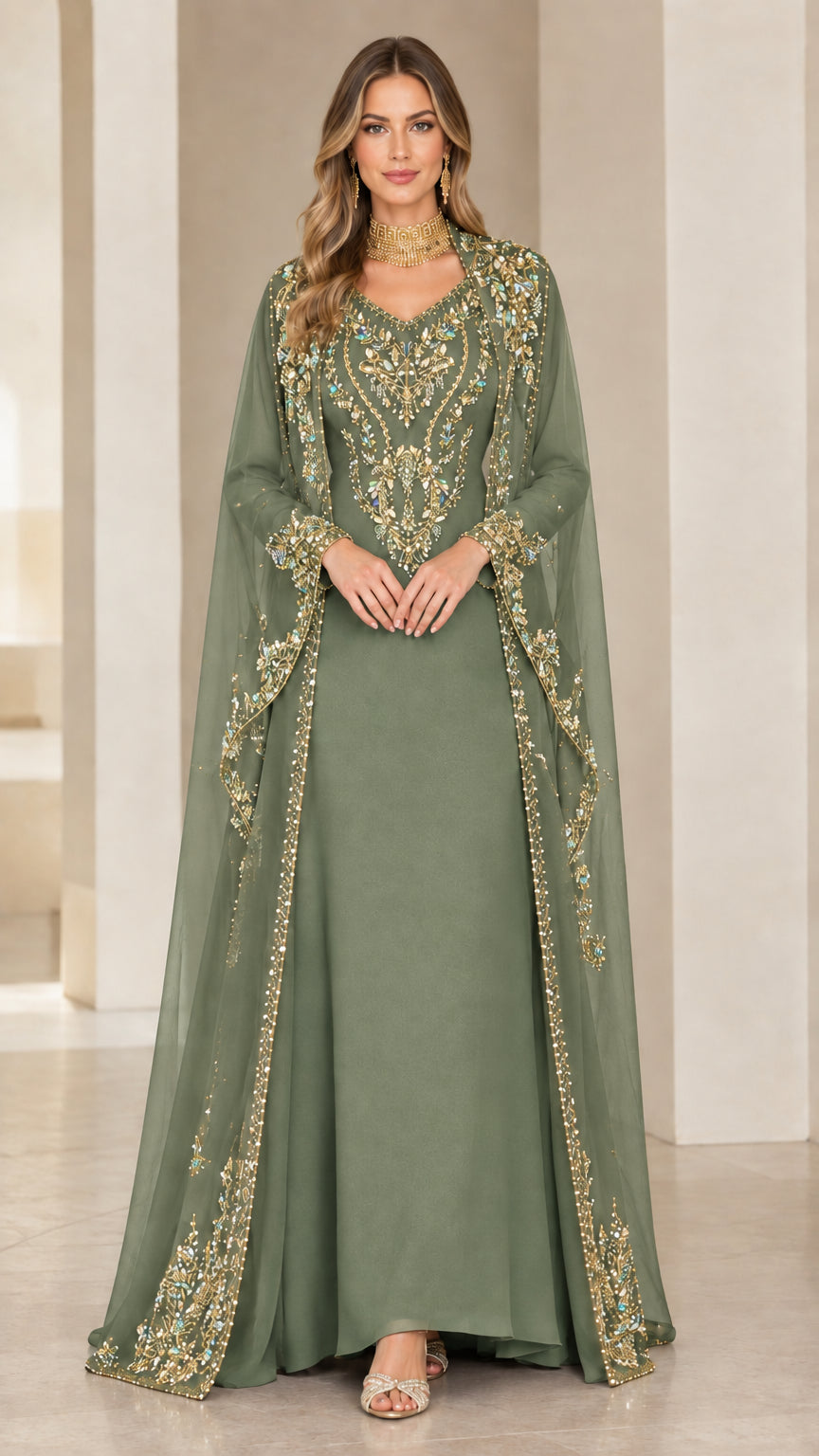 Full-length front view of sage green embellished cape evening maxi dress