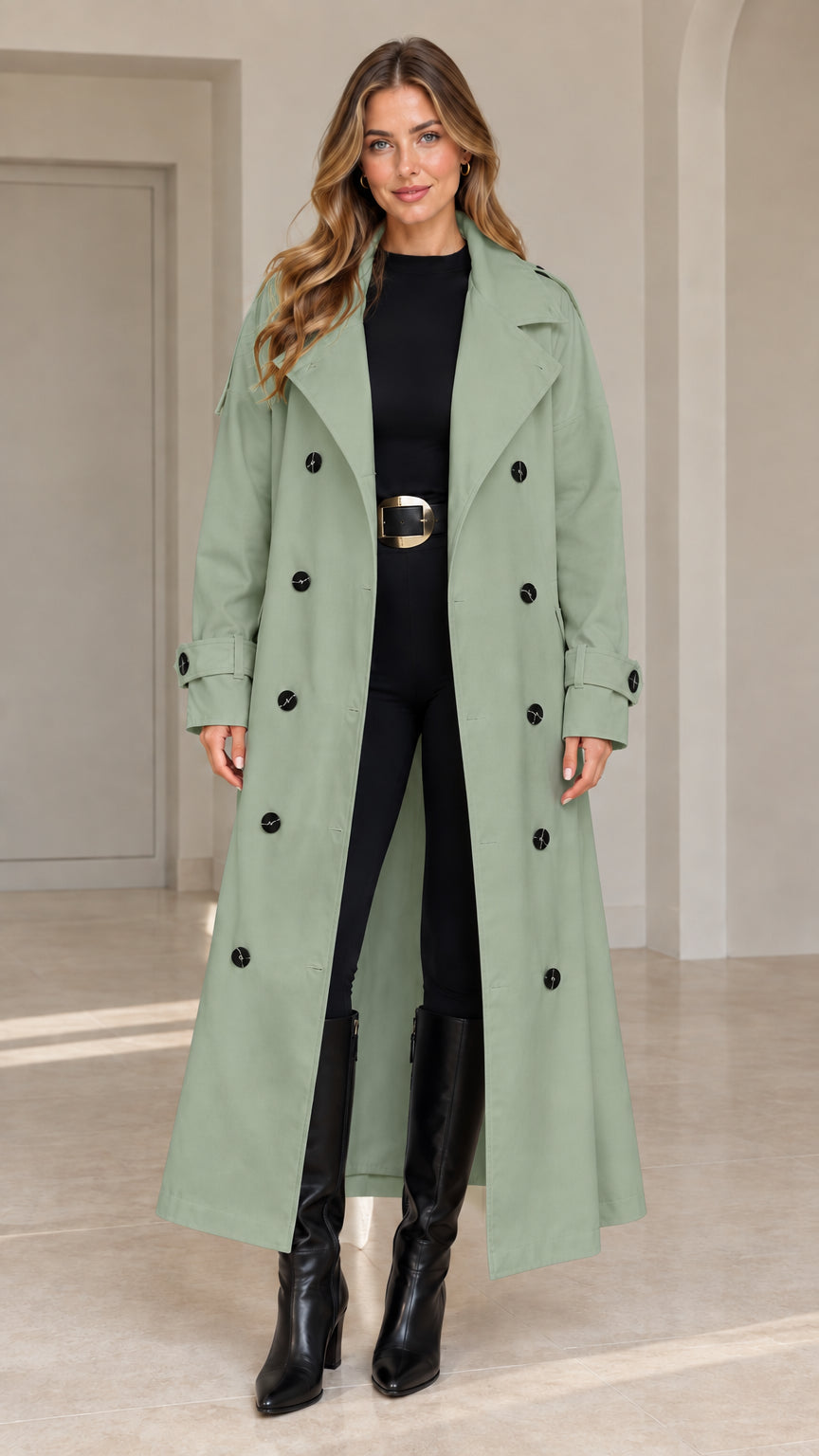 Front view of woman wearing sage green maxi belted trench coat