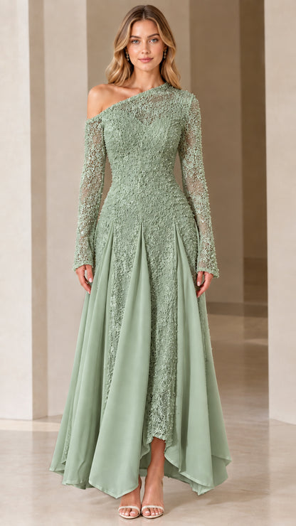 Sage Green asymmetrical long-sleeve lace evening gown