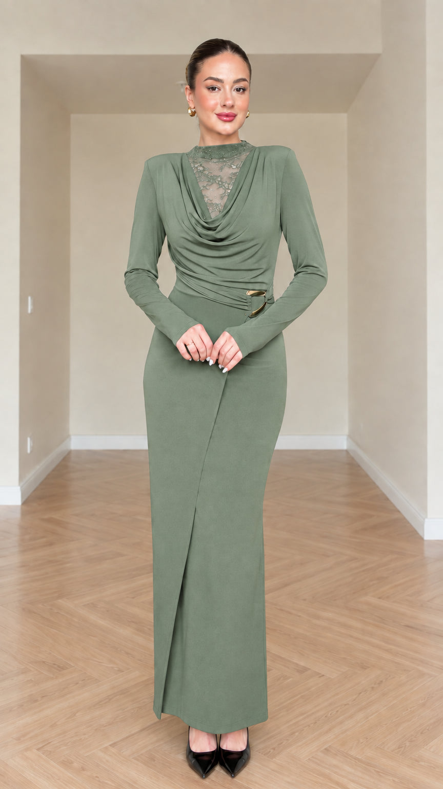 Sage green draped cowl neck maxi dress with lace contrast
