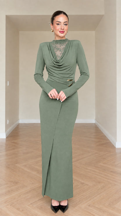 Sage green draped cowl neck maxi dress with lace contrast