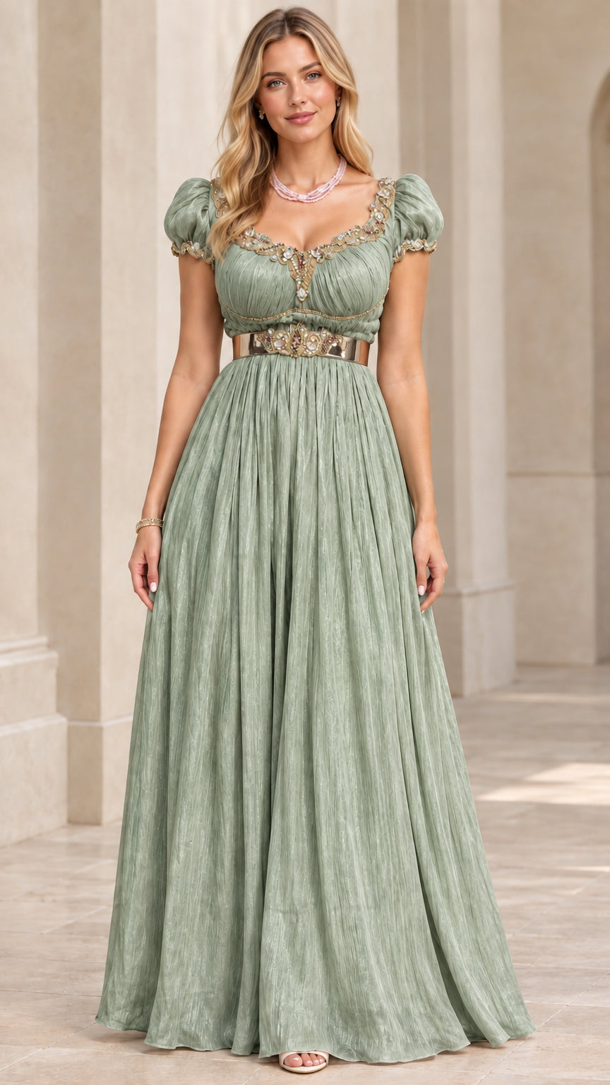 Sage green beaded scoop neck empire waist evening gown