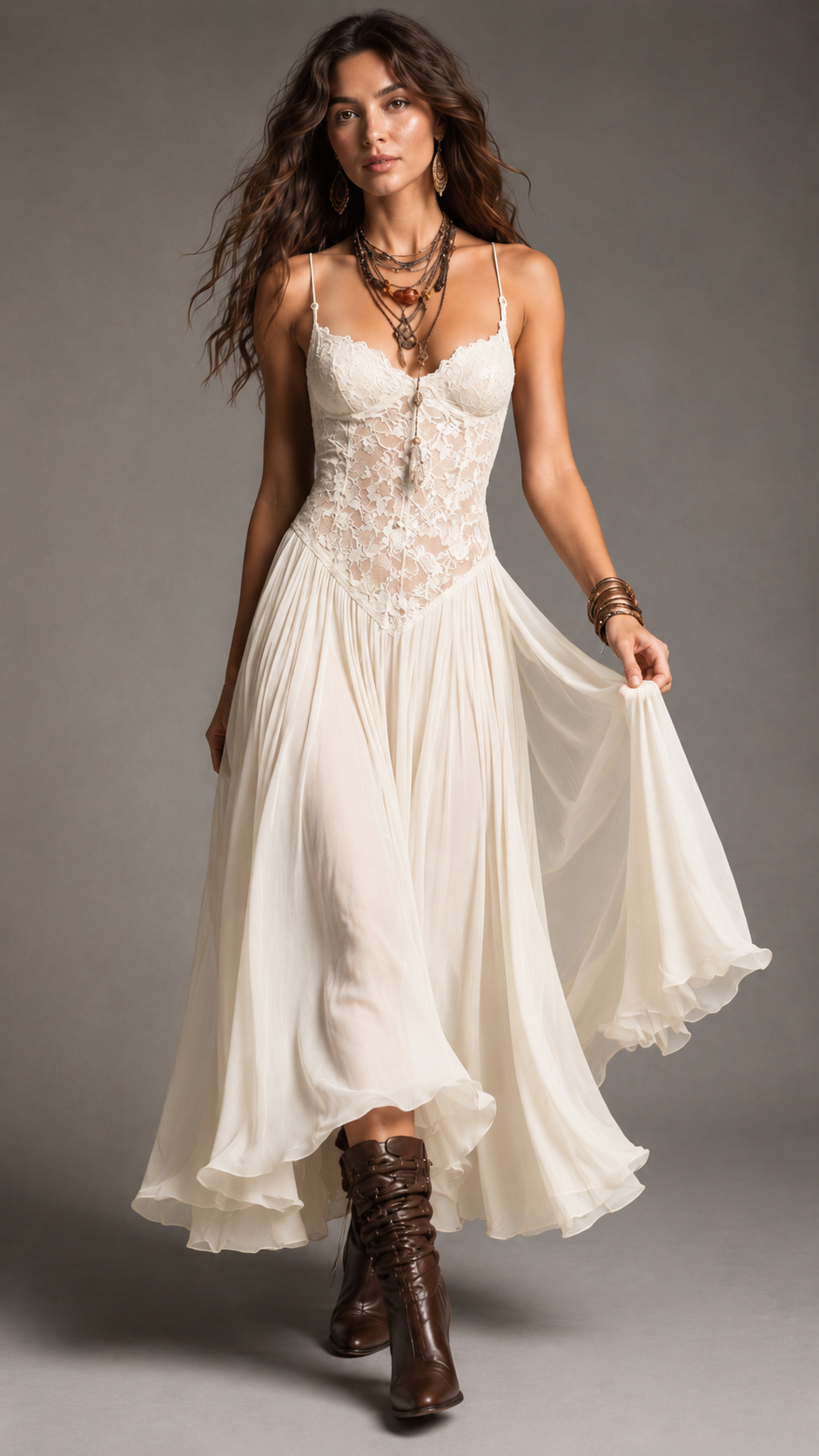 Front view of ivory lace bodice maxi dress with flowing chiffon-look skirt