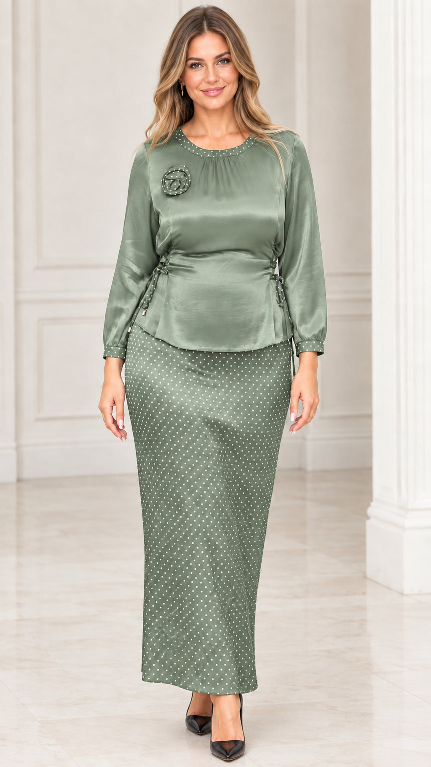 Front view of Sage Green satin blouse and polka dot maxi skirt set