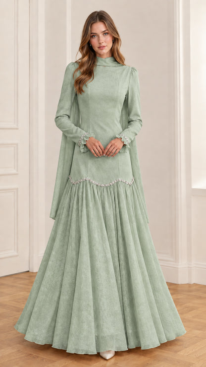 Sage green high-neck long-sleeve embellished formal gown