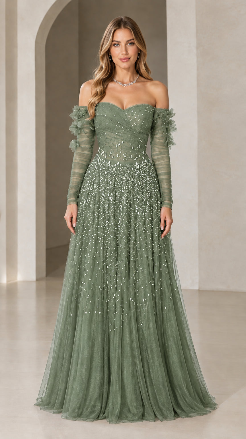 Sage green off-the-shoulder beaded tulle maxi dress