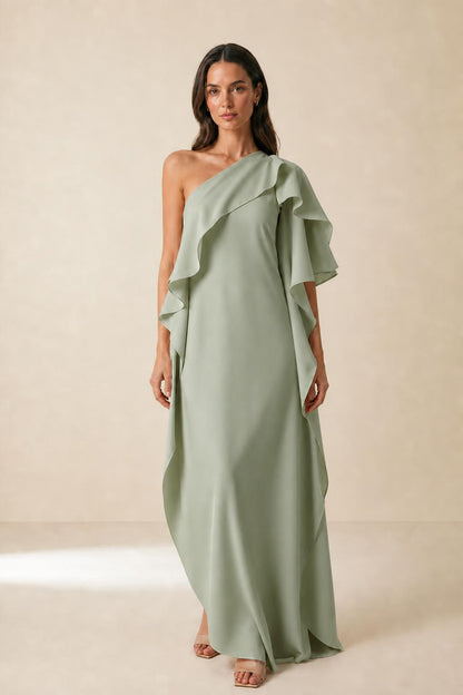 Front view of model wearing sage one-shoulder ruffle maxi dress