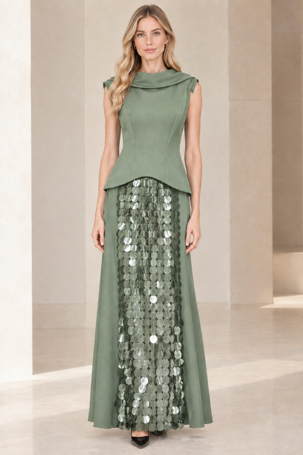 Full front view of model in sage green cowl neck peplum evening gown with shimmering sequins